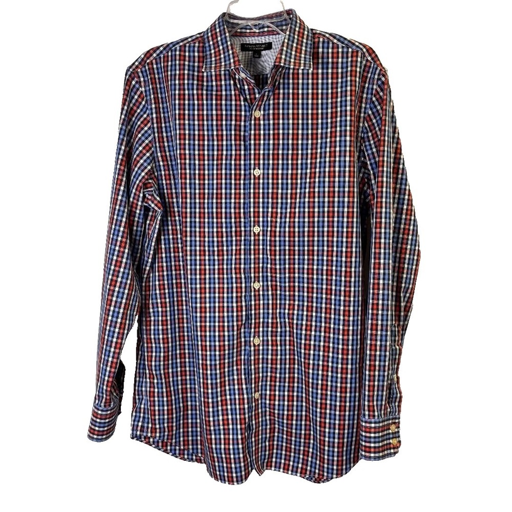 Banana Republic Non-Iron Slim Fit Plaid Shirt Mens Large Blue Red Cotton Preppy